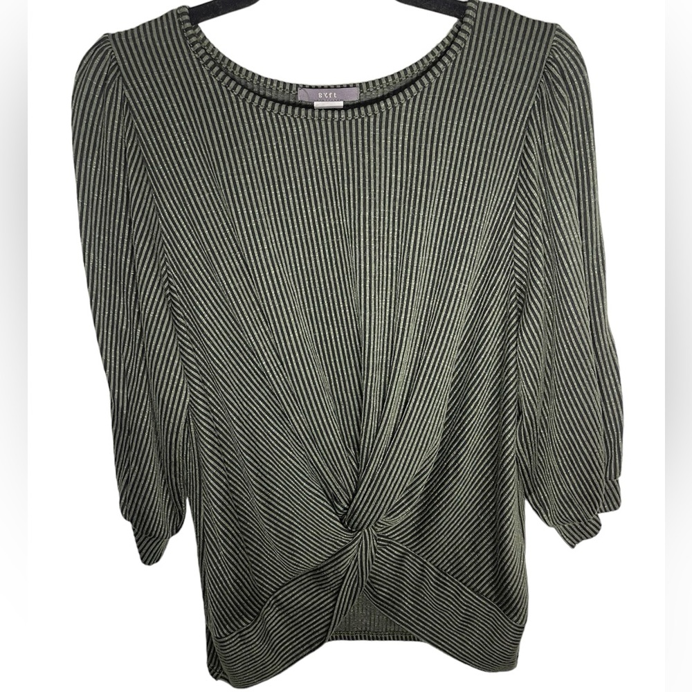 Gyft front knot green striped long sleeve blouse size M